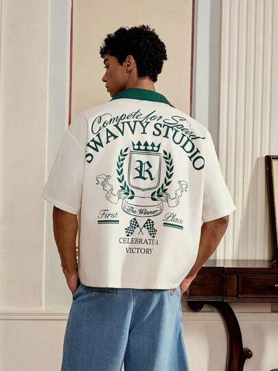 SWAVVY قميص كاجوال صيفي للرجال بطباعة أحرف وياقة لابيل