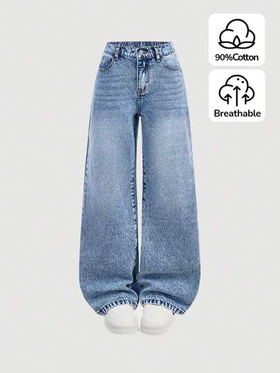 SHEIN جينز بفتحة واسعة ذو خصر عالي وغسل كاف مع رسمة خدوش على شكل قطة، ملائم للمراهقات موضة Y2K الرتروية والمغسول، ملابس للمراهقات للخريف والشتاء لعودة المدرسة واطقم ملابس للشارع