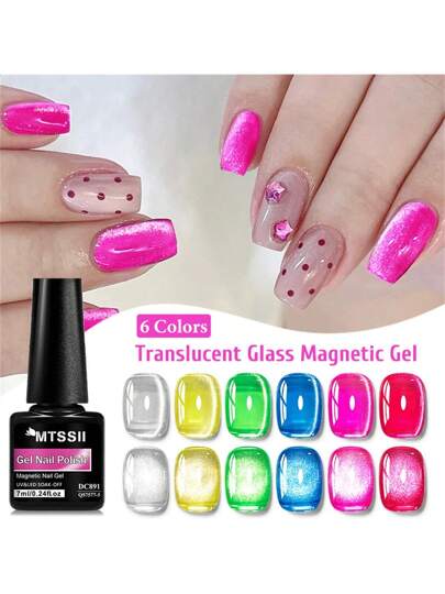 Mtssii 6 قطع من طلاء أظافر جيل قطة زجاجي شفاف مغناطيسي براق وملون 7مل ، لفن الأظافر والمناكير، جيل شبه دائم مناسب لأظافر الصيف والربيع