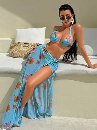 Swim مجموعة من 3 قطع من البكيني النسائي المطبوع بزهور، المقاس القياسي ، ذو تنورة سرونج ، للعطلات وحفلات حمام السباحة والشاطئ والاستجمام في الصيف