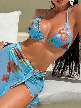 Swim مجموعة من 3 قطع من البكيني النسائي المطبوع بزهور، المقاس القياسي ، ذو تنورة سرونج ، للعطلات وحفلات حمام السباحة والشاطئ والاستجمام في الصيف