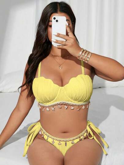 Swim Vcay مجموعة بكيني أصفر أنيقة لحجم كبير للنساء، من قطعتين، قماش منسوج ذو بنية معينة، حلقات فولاذية للرفع ، ديكور شبكي شاطئي، إجازة صيفية