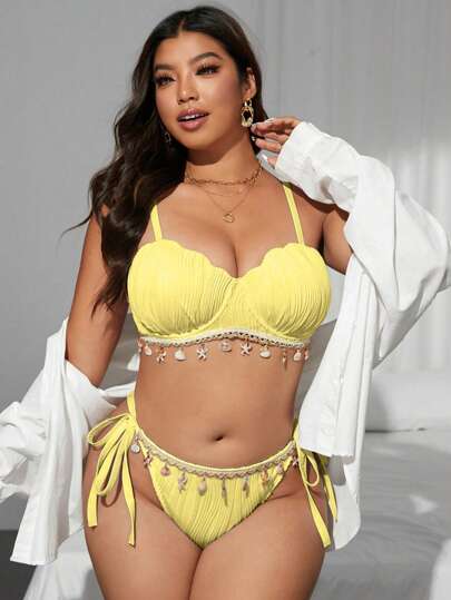 Swim Vcay مجموعة بكيني أصفر أنيقة لحجم كبير للنساء، من قطعتين، قماش منسوج ذو بنية معينة، حلقات فولاذية للرفع ، ديكور شبكي شاطئي، إجازة صيفية