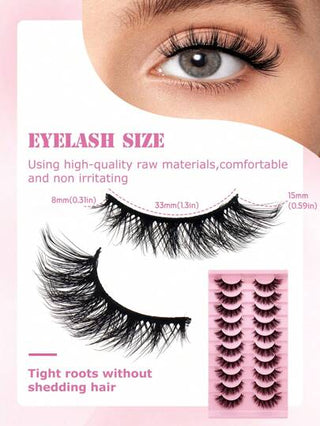 10 أزواج من رموش العين الحقيقية ثلاثية الأبعاد مع التجعيد متعددة الطبقات مناسبة للمبتدئين، طول 8مم/15مم باللون الأسود، مناسبة للسفر والتاريخ والمكياج