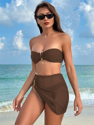 طقم تانكيني حريمي Swim طقم بكيني تانكيني مع تنورة منفصلة مزين بحلقة معدنية باللون الواحد