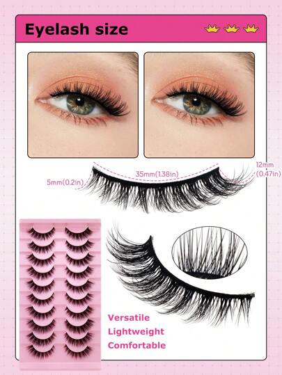 10 أزواج من رموش مستعارة طويلة وكثيفة طبيعية، رموش صناعية نسيج الحلحة للحجم والتجعيد، بطول 5/12 ملم ، ذات لون أسود، سهلة الارتداء للمبتدئين، مناسبة لماكياج المسرح والمناسبات والسفر