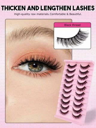 10 أزواج من رموش مستعارة طويلة وكثيفة طبيعية، رموش صناعية نسيج الحلحة للحجم والتجعيد، بطول 5/12 ملم ، ذات لون أسود، سهلة الارتداء للمبتدئين، مناسبة لماكياج المسرح والمناسبات والسفر