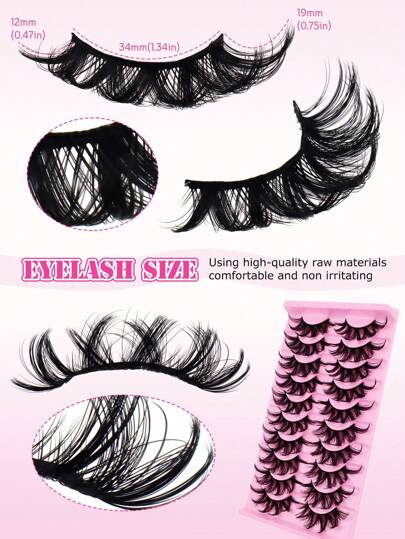 10 أزواج من رموش مستعارة غير طبيعية وسميكة جداً على الطريقة الروسية، ملتفة ومرصوصة بشكل تموجي شبيه بالدمى، بطول 12/19 مم، مناسبة للمسرح والمكياج، سهلة الاستخدام للمبتدئين، مناسبة لنوادي الليل والحفلات