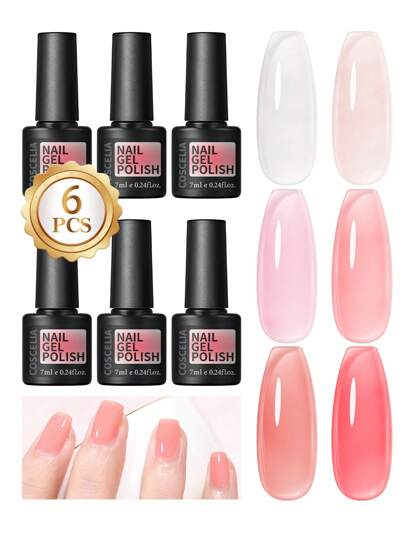 coscelia 6 قطع مجموعة طلاء أظافر جيل يمكن نقعها، 7 مل كريستال جيلي بالوان وردي وأحمر وبني، طلاء أظافر جيل بحاجة إلى مصباح أشعة فوق بنفسجية/LED، مجموعة صيفية لطلاء الأظافر بالجيل مع ملحقات تجميل الأظافر كهدية لصالونات الأظافر