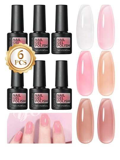coscelia 6 قطع طقم بداية طلاء أظافر جل هلامي وردي وأحمر وبني ، 7مل لكل لون ، شفاف على شكل جليد، طلاء جل يكشط باستخدام الأشعة فوق البنفسجية/LED ، طقم طلاء أظافر جل ٦ ألوان للأظافر المبتدئين، مجموعة DIY صالون الأظافر