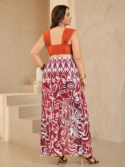 Swim Oasis طقم ملابس سباحة للمرأة البدينة بطباعة رقمية (الأعلى والأسفل منفصلين) + تنورة شاطئ للتفاف في الإجازة، بدلة شاطئ