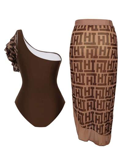 Swim Oasis مجموعة بكيني مطبوع بمقاس كبير مع فستان كاب 2 قطعة، ملابس سباحة لون القهوة للعطلات