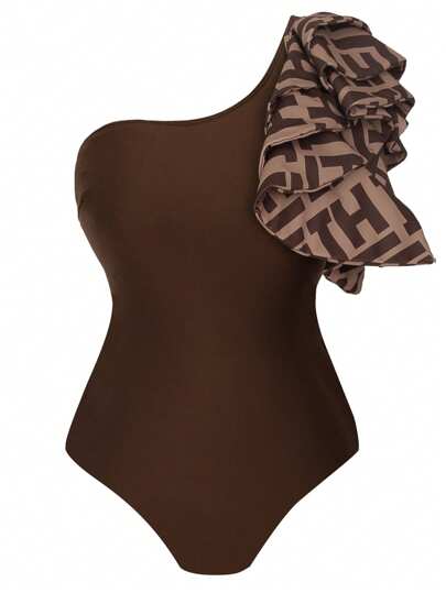 Swim Oasis مجموعة بكيني مطبوع بمقاس كبير مع فستان كاب 2 قطعة، ملابس سباحة لون القهوة للعطلات