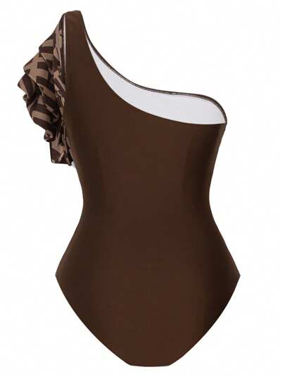Swim Oasis مجموعة بكيني مطبوع بمقاس كبير مع فستان كاب 2 قطعة، ملابس سباحة لون القهوة للعطلات
