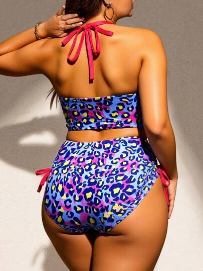 SHEIN Swim Curve مجموعة قطعتين من البيكيني للنساء ذوات البدانة، بطبعة نمر، بأربطة متشابكة، ملابس السباحة الأنيقة للشاطيء والعطل