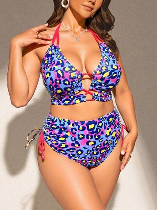 SHEIN Swim Curve مجموعة قطعتين من البيكيني للنساء ذوات البدانة، بطبعة نمر، بأربطة متشابكة، ملابس السباحة الأنيقة للشاطيء والعطل