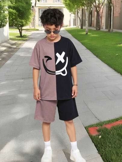 ملابس رياضية أطفال مجموعة تي شيرت وشورت مكونة من قطعتين ، للأطفال الصغار ذوي الملمس البسيط والمطبوعات الجذابة ، بياقة مستديرة وأكمام قصيرة، مناسب للذهاب إلى المدرسة أو الرياضة أو الخروجات اليومية، للربيع والصيف