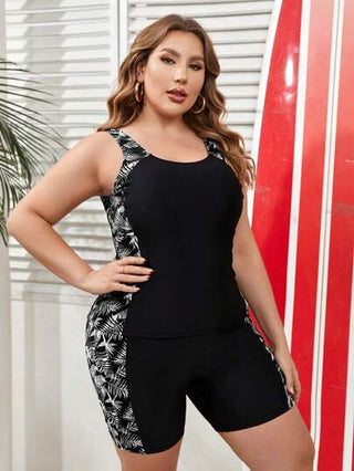 Swim Lushoire طقم ملابس سباحة تانكيني للنساء ذوات الحجم الكبير بطباعة نباتات استوائية عشوائية