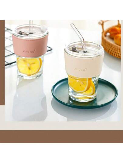 ١ قطعة كوب مشترك من البامبو سعة ٣٨٠ مل، كوب ماء، كوب قش زجاجي، كوب قهوة، كوب ماء محمول وقابل للحمل لشرب الحليب والقهوة المثلجة والعصائر، شفاف، للمنزل أو المكتب أو وجبة الإفطار، أدوات مدرسية