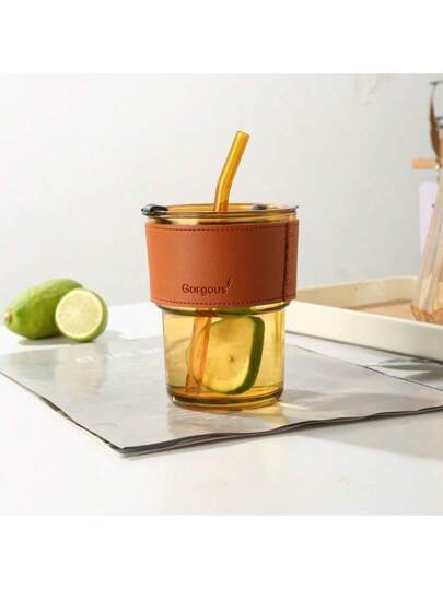 ١ قطعة كوب مشترك من البامبو سعة ٣٨٠ مل، كوب ماء، كوب قش زجاجي، كوب قهوة، كوب ماء محمول وقابل للحمل لشرب الحليب والقهوة المثلجة والعصائر، شفاف، للمنزل أو المكتب أو وجبة الإفطار، أدوات مدرسية