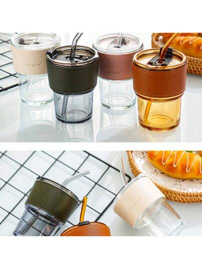 ١ قطعة كوب مشترك من البامبو سعة ٣٨٠ مل، كوب ماء، كوب قش زجاجي، كوب قهوة، كوب ماء محمول وقابل للحمل لشرب الحليب والقهوة المثلجة والعصائر، شفاف، للمنزل أو المكتب أو وجبة الإفطار، أدوات مدرسية