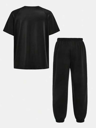 SHEIN مجموعة ل2 قطعة ملابس حريمي بنطال بسحاب وتي شيرت بياقة طاقم بأكمام قصيرة ومطبوع لبراعم الفتيان، ملابس رياضية كاجوال