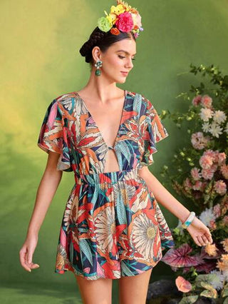 Frida Kahlo X X Designer Oxana بدلة حريمي قصيرة الأكمام أوف شولدر مع طباعة الأزهار، رومبير نسائي لأوقات الصيف والعطلات