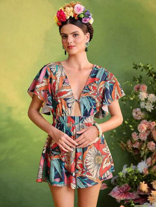 Frida Kahlo X X Designer Oxana بدلة حريمي قصيرة الأكمام أوف شولدر مع طباعة الأزهار، رومبير نسائي لأوقات الصيف والعطلات