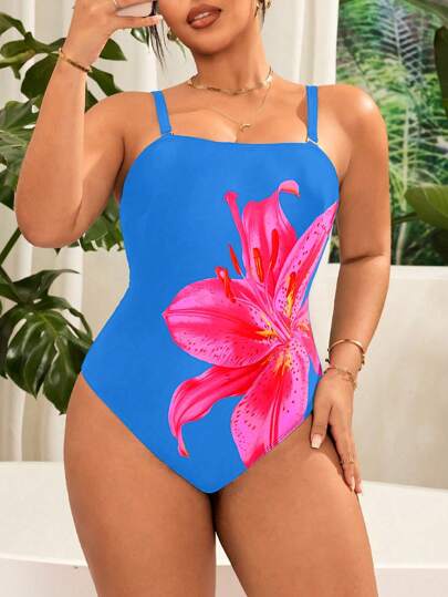 Swim Lushoire بدلة سباحة ذات رباط قابل للفصل مع طبعة الزنبق لمقاسات كبيرة، طراز عطلة شاطئية كاجوال للصيف