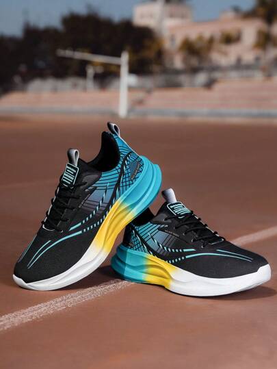 بسنارات رجالية مريحة - تصميم متداخل أزياء ملون، مزودة بنعل هوائي، خفيفة الوزن قصيرة القامة بنظام ربط بأربطة، مناسبة للارتداء اليومي والرياضي، ذات نمط شرائط زرقاء وسوداء، مريحة للارتداء في كافة الفصول