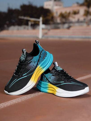 بسنارات رجالية مريحة - تصميم متداخل أزياء ملون، مزودة بنعل هوائي، خفيفة الوزن قصيرة القامة بنظام ربط بأربطة، مناسبة للارتداء اليومي والرياضي، ذات نمط شرائط زرقاء وسوداء، مريحة للارتداء في كافة الفصول