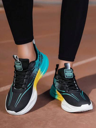 بسنارات رجالية مريحة - تصميم متداخل أزياء ملون، مزودة بنعل هوائي، خفيفة الوزن قصيرة القامة بنظام ربط بأربطة، مناسبة للارتداء اليومي والرياضي، ذات نمط شرائط زرقاء وسوداء، مريحة للارتداء في كافة الفصول