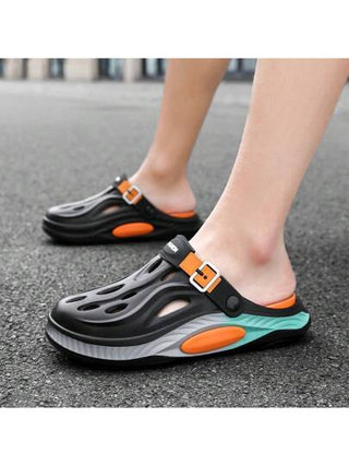 صنادل شاطئ يمكن ارتدائها من كلا الجنسين، من الإيفا (EVA) ذات تصميم قطعة واحدة بنعل سميك وخفيف الوزن، مثقوبة للتهوية وقابلة للإزالة والغسل، بتصميم ملون باللون الأسود والبرتقالي، مناسبة للرجال والنساء، للارتداء اليومي والشاطئ