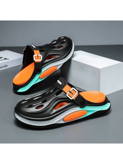 صنادل شاطئ يمكن ارتدائها من كلا الجنسين، من الإيفا (EVA) ذات تصميم قطعة واحدة بنعل سميك وخفيف الوزن، مثقوبة للتهوية وقابلة للإزالة والغسل، بتصميم ملون باللون الأسود والبرتقالي، مناسبة للرجال والنساء، للارتداء اليومي والشاطئ