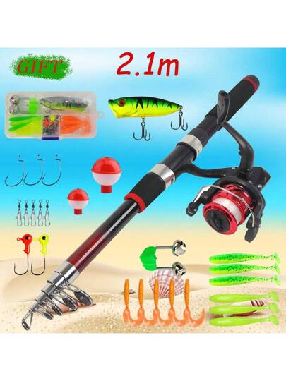 طقم قصبة صيد وبكرة صيد 1.8 متر/5.91 قدم - 2.1 متر/6.89 قدم، قصبة صيد تليسكوبية خفيفة الوزن مع بكرة صيد وطعوم، هدية مثالية للمبتدئين، رائعة لعيد الميلاد وعيد الشكر وعيد الحب