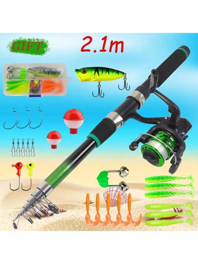 طقم قصبة صيد وبكرة صيد 1.8 متر/5.91 قدم - 2.1 متر/6.89 قدم، قصبة صيد تليسكوبية خفيفة الوزن مع بكرة صيد وطعوم، هدية مثالية للمبتدئين، رائعة لعيد الميلاد وعيد الشكر وعيد الحب