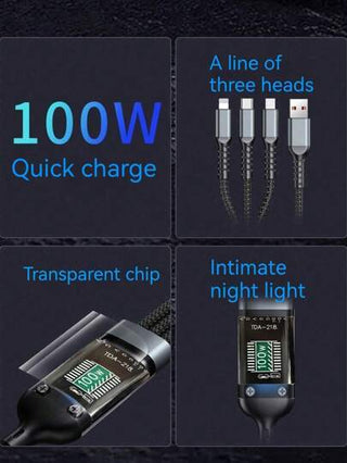 كابل شحن متعدد الاستخدامات سريع الشحن 100 واط ،يدعم شحن متعدد الواجهات ، كابل شحن USB مرئي ، متوافق مع أجهزة آبل 16/16برو/16برو ماكس/16بلس/15/15برو/15بلس/15برو ماكس و سامسونج أوبو،كابل شحن سريع 3 في 1 للشحن السريع المتزامن لأجهزة ميكرو USB و نوع C ،كابل ش
