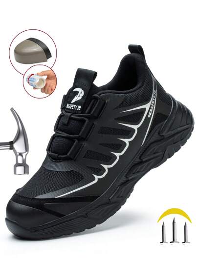 بوت أمان للرجال، بوت عمل رياضية مربوطة، مقاومة للصدمات والثقوب، ناعمة ومنفذة للهواء، باللون الأسود، مناسبة للتنزه في الهواء الطلق وأعمال البناء