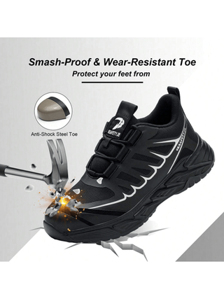 بوت أمان للرجال، بوت عمل رياضية مربوطة، مقاومة للصدمات والثقوب، ناعمة ومنفذة للهواء، باللون الأسود، مناسبة للتنزه في الهواء الطلق وأعمال البناء