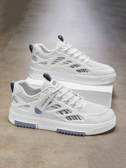 أحذية رياضية كاجوال رجالية منخفضة القمة، من قماش شبكي تنفس خفيفة الوزن، مزينة بألوان متباينة وبطاقة تزيين باحرف انجليزية شخصية