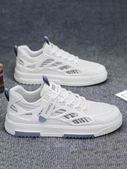 أحذية رياضية كاجوال رجالية منخفضة القمة، من قماش شبكي تنفس خفيفة الوزن، مزينة بألوان متباينة وبطاقة تزيين باحرف انجليزية شخصية