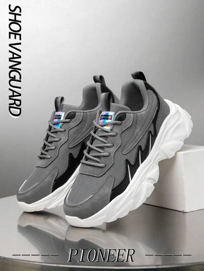 أحذية رياضية كاجوال للرجال بتصميم شبكي بلون متباين وقصة امامية مريحة، أحذية رياضية بارزة سهلة الارتداء للخارج والاستعمال اليومي