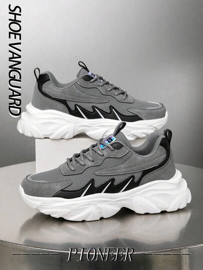 أحذية رياضية كاجوال للرجال بتصميم شبكي بلون متباين وقصة امامية مريحة، أحذية رياضية بارزة سهلة الارتداء للخارج والاستعمال اليومي