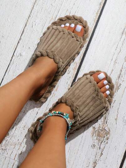 أحذية منزلية جديدة فاخرة من القطيفة الداخلية، ذات فتحة للأصابع وراحة لينة من الفرو، أحذية منزلية سهلة الارتداء