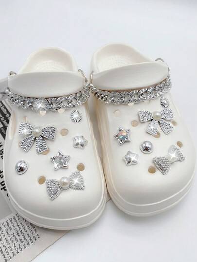 14 قطعة سلسلة الراين الفضية، فيونكة من ABS باللؤلؤ، نجمة خماسية الأضلاع من ABS بالراين، إبزيم حذاء من ABS باللؤلؤ الفضي لتزيين الأحذية النسائية والنعال والشنط الشاطئية، ملحقات متعددة الاستخدامات لأحذية ومثالية كهدايا أعياد الميلاد والأعياد