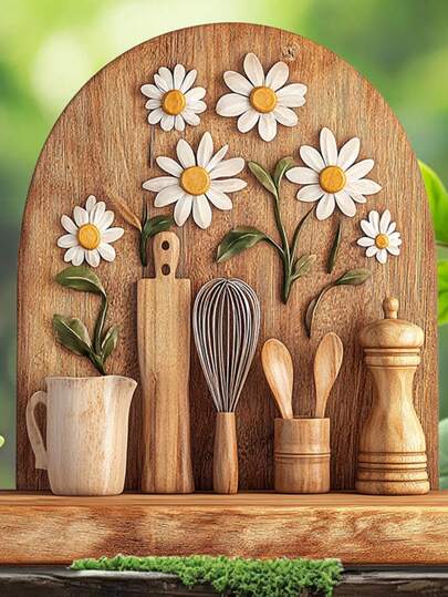 نحت خشبي يدوي ثنائي الأبعاد على شكل زهرة الأقحوان وأدوات المطبخ - بطراز نحت قديم، مع ملمس الحبوب الخشبية المرئية، مجموعة قرية ريفية، مع مضرب ، ملعقة وديكورات مطبخ أخرى على الحائط الخشبي