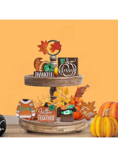6 قطع/مجموعة ديكور طبقات الحصاد الريفية لموسم الخريف وعيد الشكر بتصميم اللافتات الخشبية وال-2D مزينة ب-"شاكرين" و"قرع"، ديكورات خشبية مناسبة للمنزل والمطبخ وموائد مناسبة لموسم الخريف وعيد الشكر