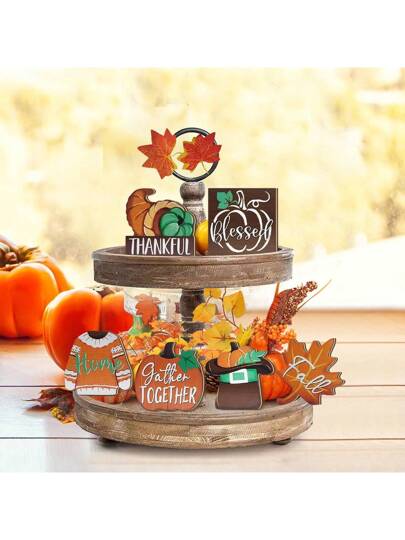 6 قطع/مجموعة ديكور طبقات الحصاد الريفية لموسم الخريف وعيد الشكر بتصميم اللافتات الخشبية وال-2D مزينة ب-"شاكرين" و"قرع"، ديكورات خشبية مناسبة للمنزل والمطبخ وموائد مناسبة لموسم الخريف وعيد الشكر