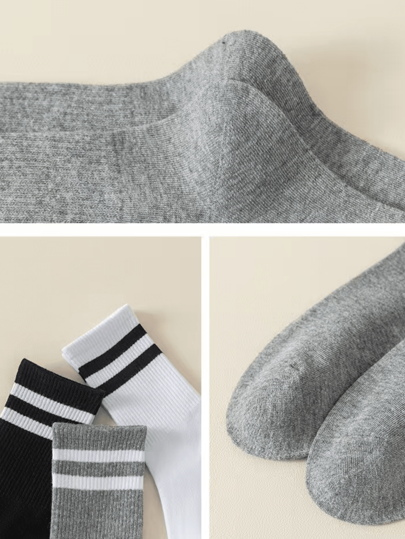 1 / 3 / 5 زوج من الجوارب الرياضية للكاحل عالية بنقشة الشريط المزدوج باللون الأبيض والرمادي والأسود للجنسين ، مناسبة للعودة إلى المدرسة والكرنفال وعيد الأضحى