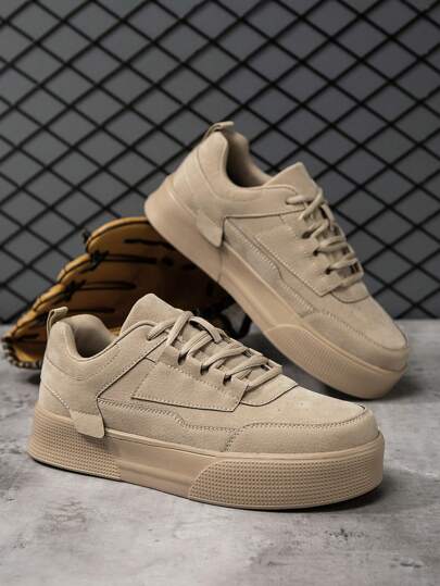 أحذية السكيت ذات قاع مرتفع من الجلد الصناعي الصلب ذو اللون الخاكي الكلاسيكي للرجال، تصميم بسيط للاستخدام اليومي والرحلات، أحذية رياضية مريحة للأزواج